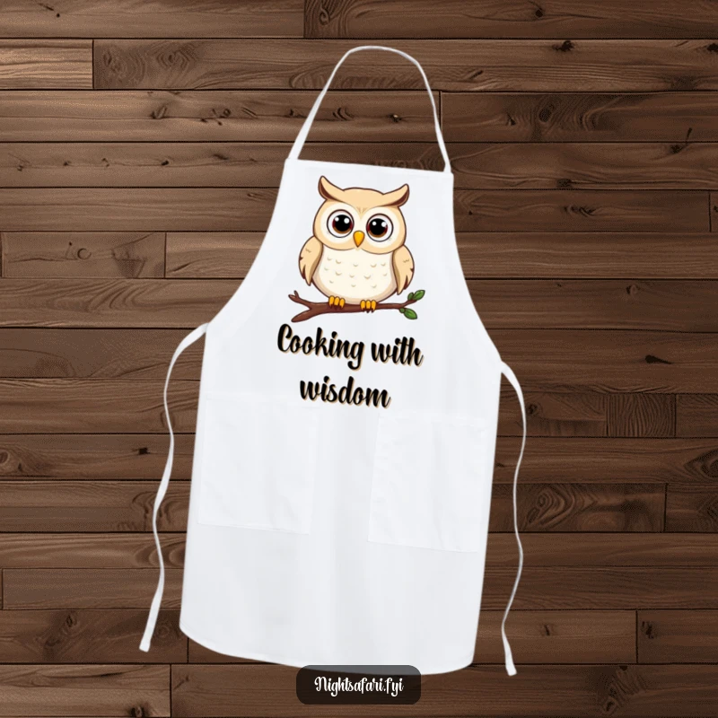 Funny owl apron showing a happy wide-eyed owl character perched on a branch, ready for kitchen duties.