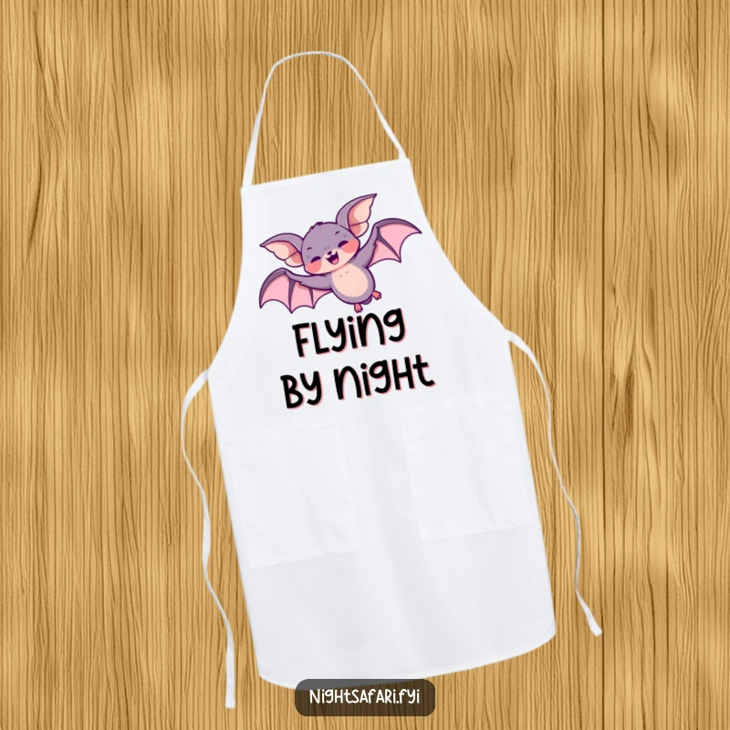 Funny apron featuring a giggling bat character flying in a playful loop-the-loop overhead, ideal for chefs.
