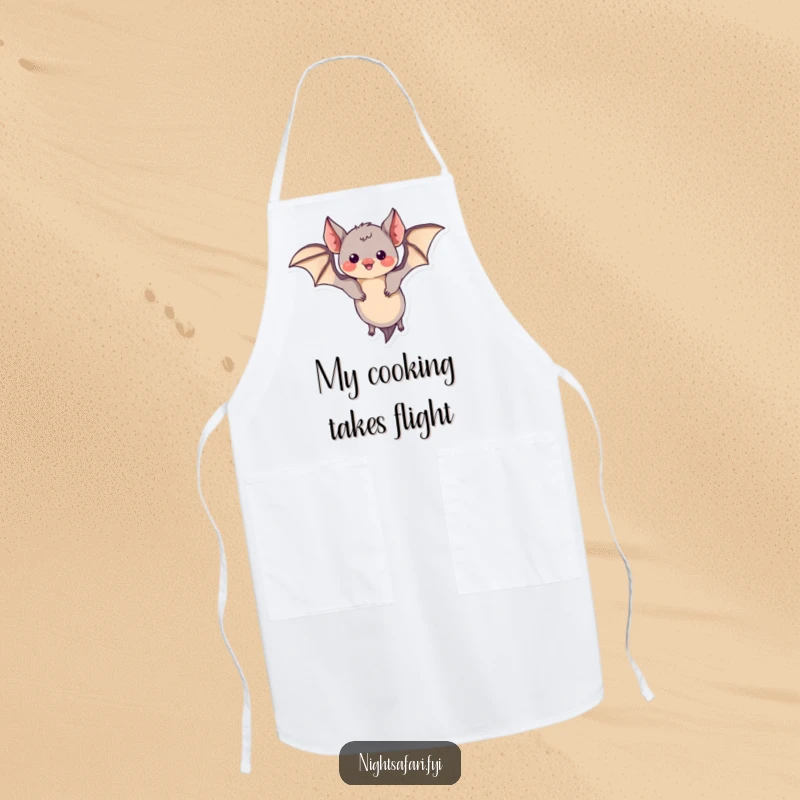 Funny apron showing a curious bat with tiny wings performing a playful loop, adding kitchen whimsy.