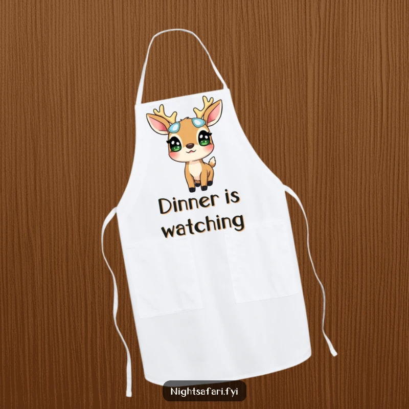 Funny Deer Glowing Eyes Apron: A surprised deer wearing glowing eyes looks up, bringing woodland magic to cooking, a practical funny gift.