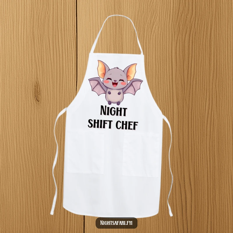 Funny kitchen apron with a delighted bat having tiny glowing wings, doing a joyful flutter, perfect for cooking with spooky fun.