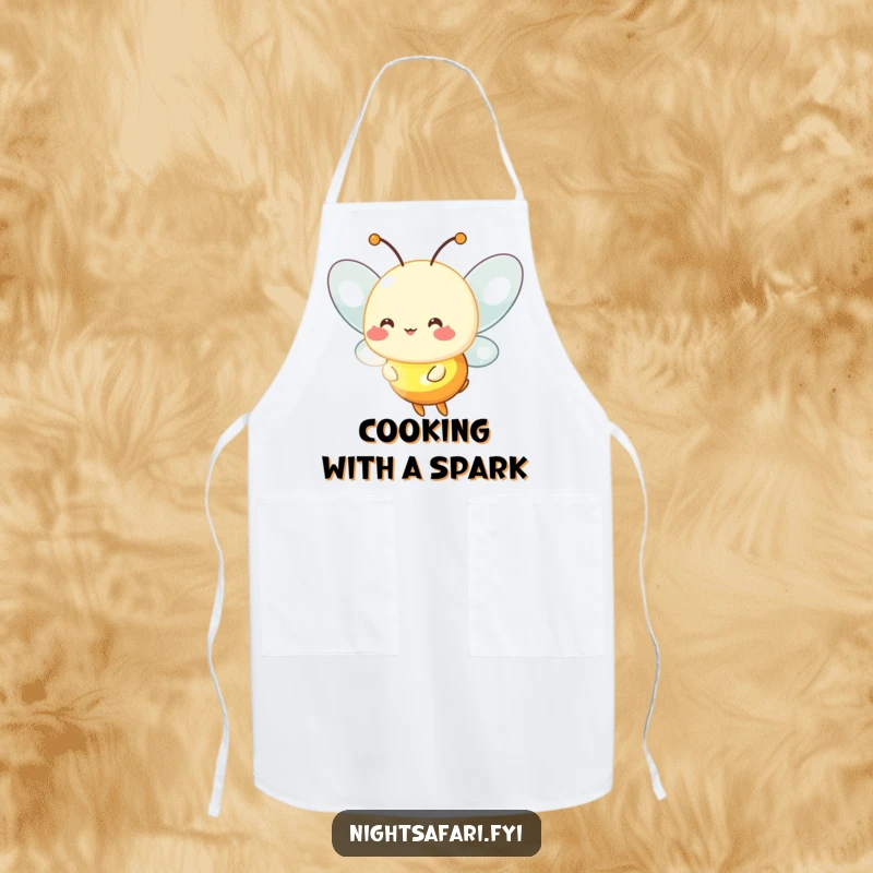Funny firefly apron showing a cheerful firefly character emitting a soft, warm glow while cooking.