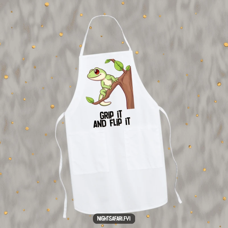 Funny Gecko Apron depicting a cheerful gecko energetically climbing, designed for fun-loving cooks and kitchen enthusiasts.