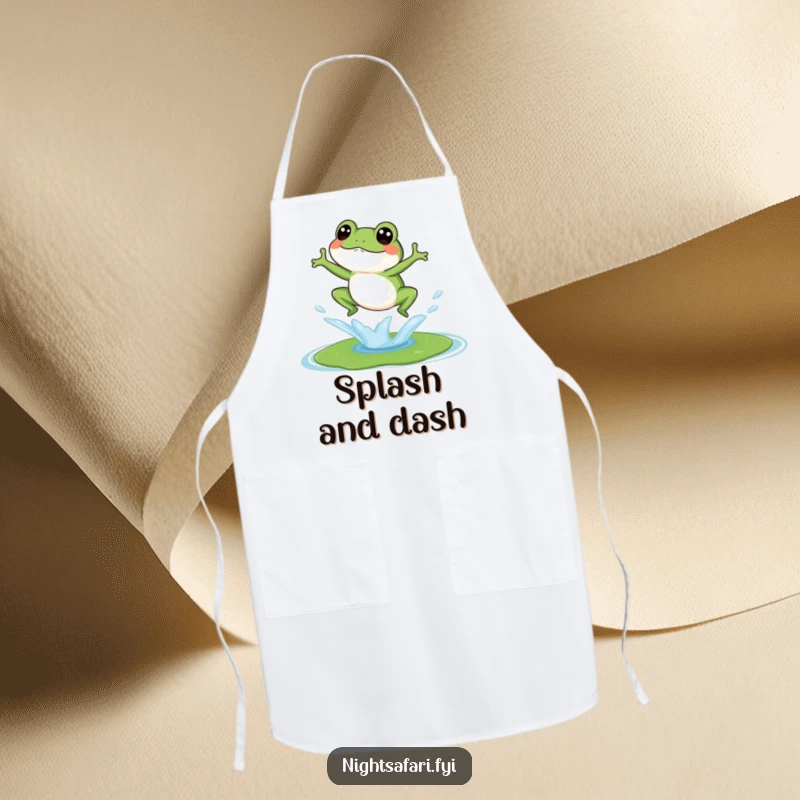 Funny apron showcasing a giggling frog mid-splash onto a lily pad, perfect for a playful cook in the kitchen.