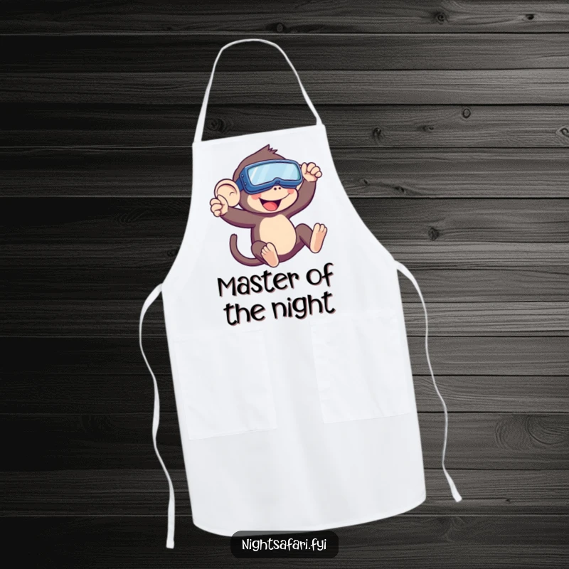 Funny Monkey Apron featuring a playful monkey wearing night vision goggles, ready for culinary exploration, a fun addition to kitchen wear.