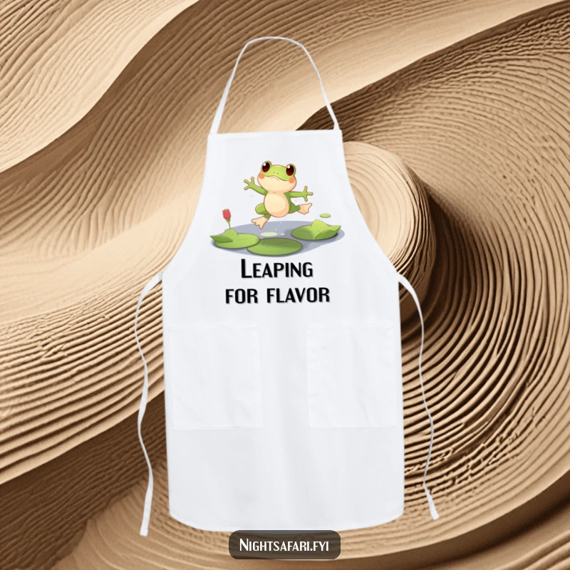 Funny apron featuring a playful frog character leaping across lily pads in dim light, great for chefs.