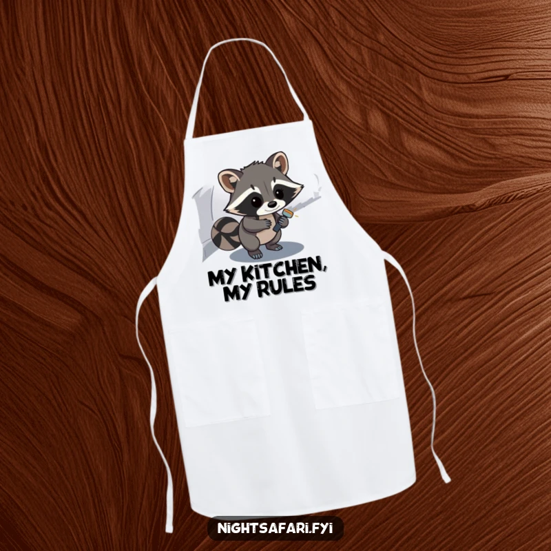Funny Raccoon Apron: A curious raccoon with a flashlight explores the kitchen path, ready for funny culinary adventures.
