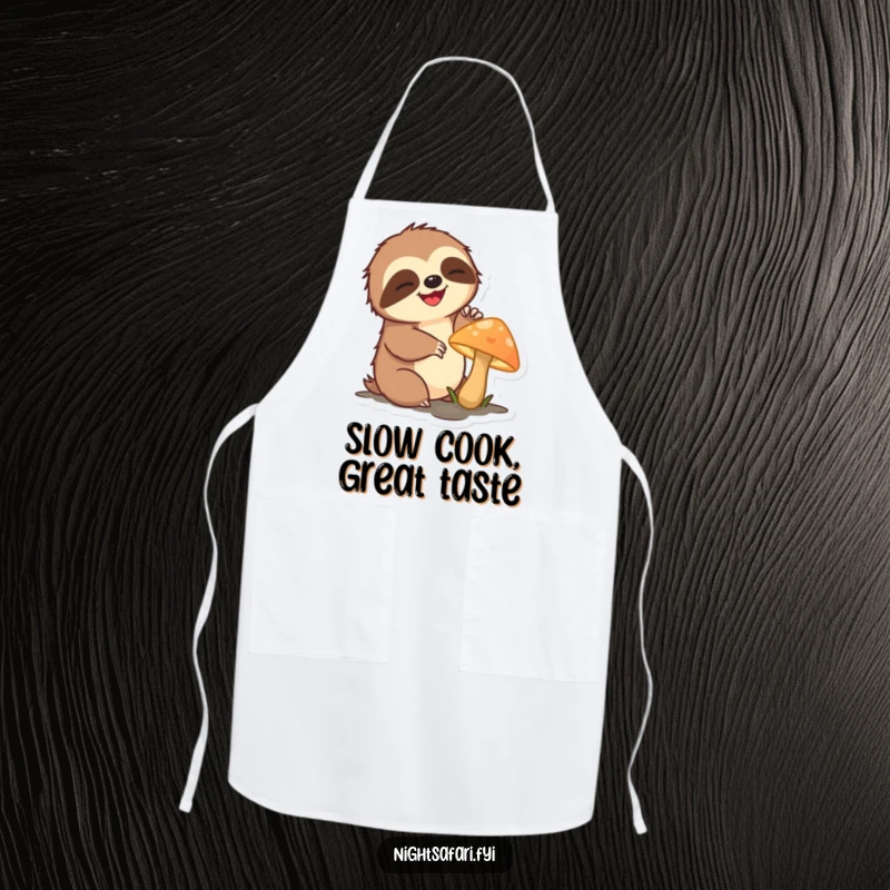 Funny sloth apron showing a delighted sloth character slowly reaching for a glowing mushroom while cooking.