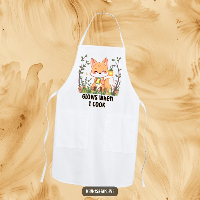 Funny kitchen apron with a smiling fox peeking from bushes, holding a glowing lantern, perfect for cooking with whimsy.