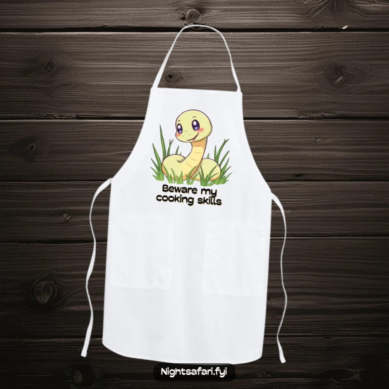 Funny apron designed with a smiling snake, its glowing eyes adding humor to kitchen or barbecue activities.