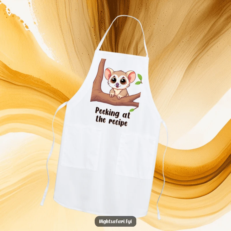 Funny Tarsier Apron featuring a playful tarsier with large eyes peeking from a branch, perfect for kitchen humor.