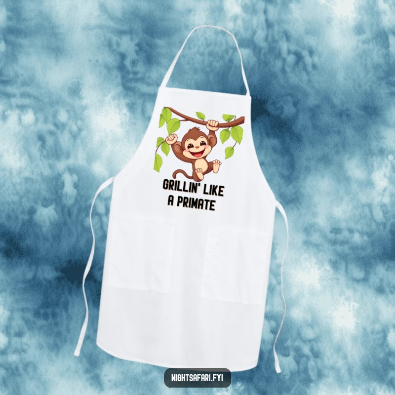Funny Monkey Apron: Delighted monkey swinging from a vine with a wide smile, for kitchen use.