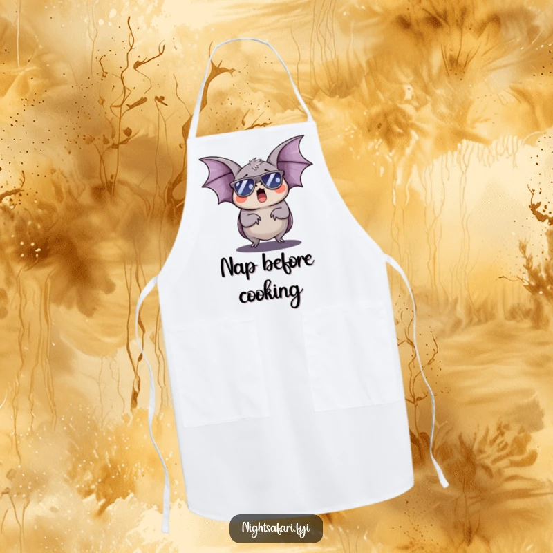Funny Bat Apron: A sleepy bat with sunglasses yawns while cooking, a humorous and cool kitchen accessory.