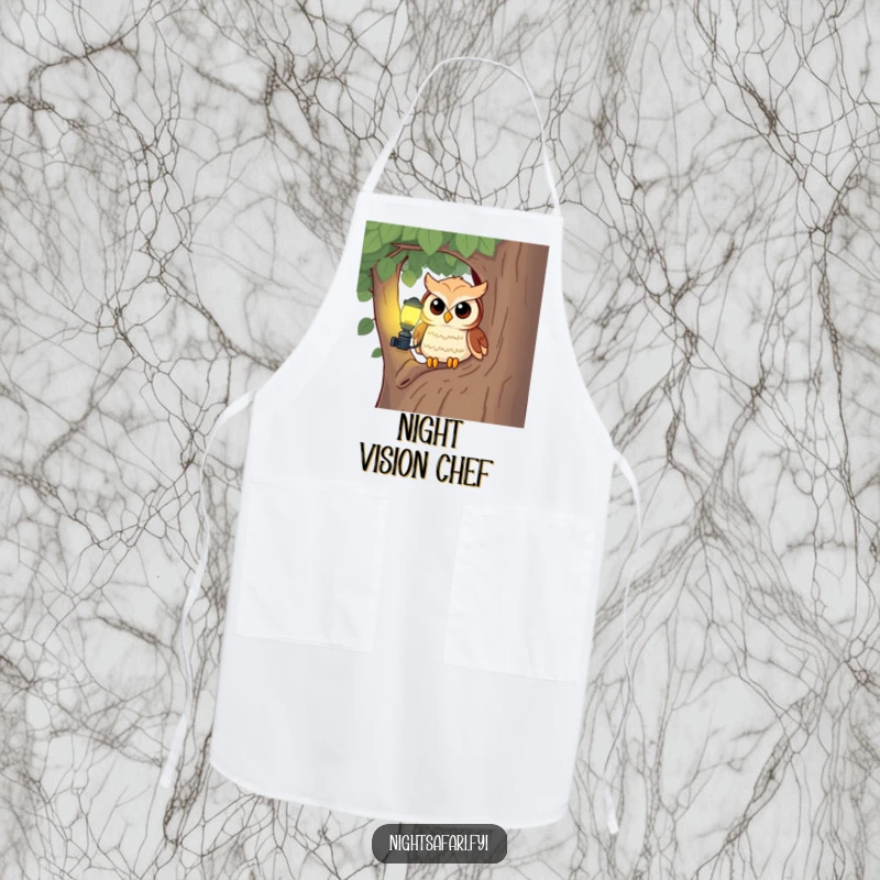 Funny owl wearing a headlamp on this apron, adding curious charm to your kitchen adventures.