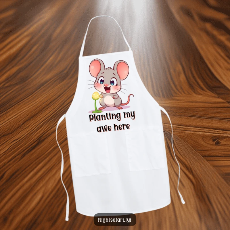 Funny Apron: A comical mouse displaying extreme shock with wide eyes at a magical, glowing plant in the kitchen.