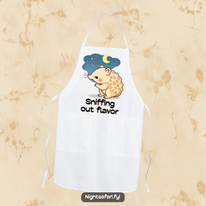 Funny kitchen apron featuring a curious pangolin character sniffing the night air.