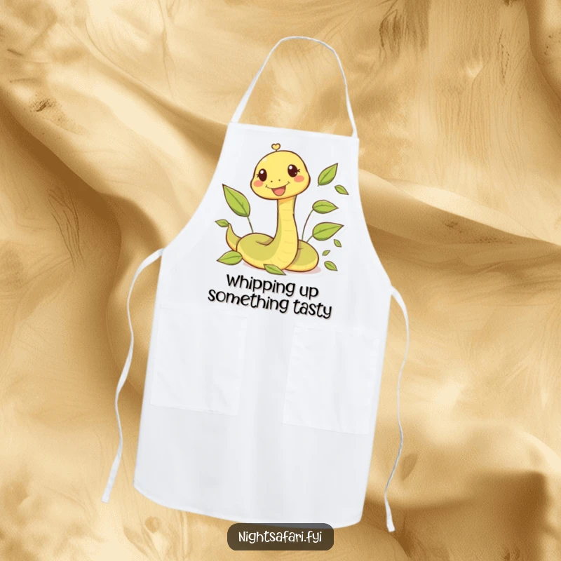 Funny kitchen apron featuring a happy snake character playfully slithering through autumn leaves.