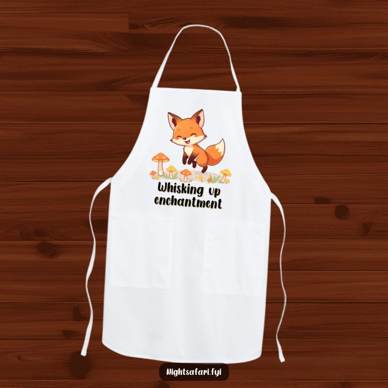 Funny apron showcasing a cheerful fox with a bright smile, exploring a path lined with luminous, glowing mushrooms, for enchanted cooking.