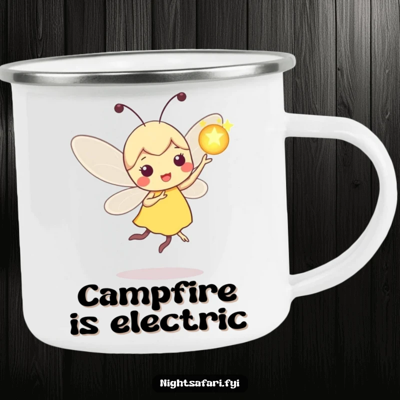 Funny Firefly Camping Mug: Playful firefly character dancing with a glowing orb, for outdoor use.