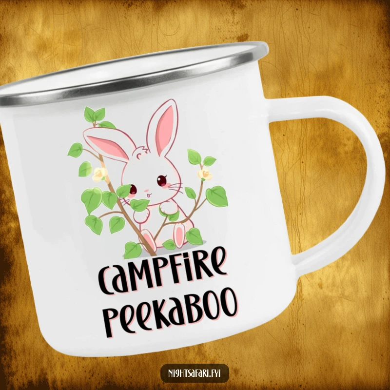 Funny Camping Mug: A cute bunny humorously peeking from behind a glowing, luminous vine in an outdoor setting.