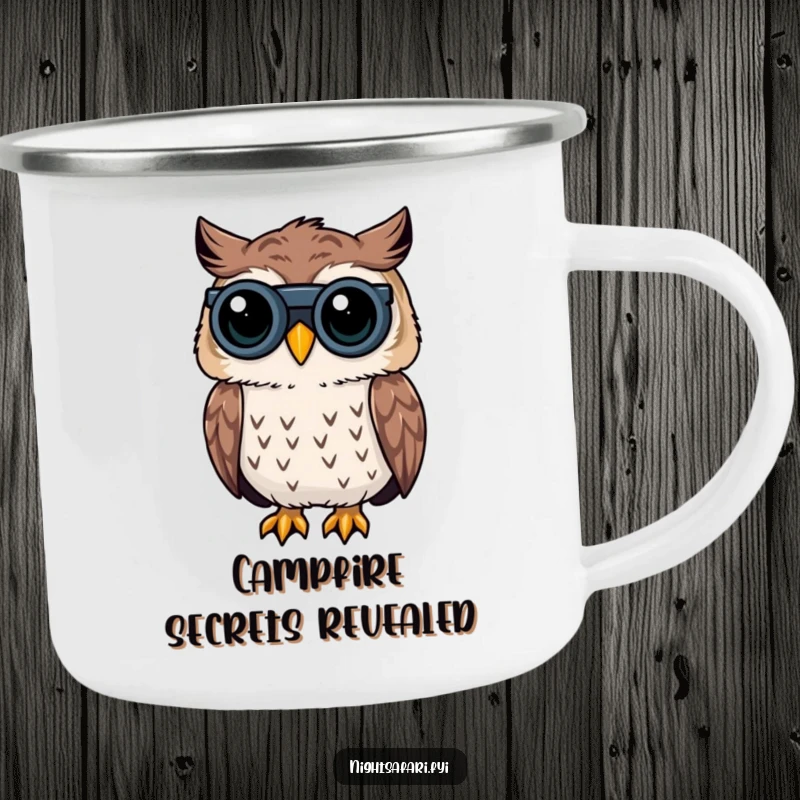 Funny Owl Camping Mug: A durable mug with a curious owl peering through binoculars, perfect for a funny gift.