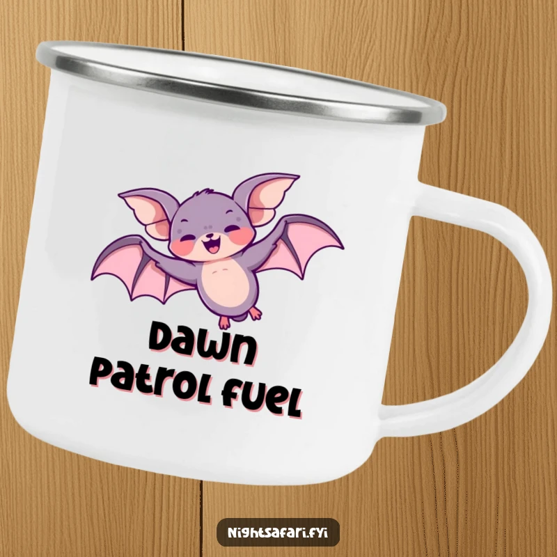 Funny camping mug featuring a giggling bat character performing a loop-the-loop overhead, ready for adventure.