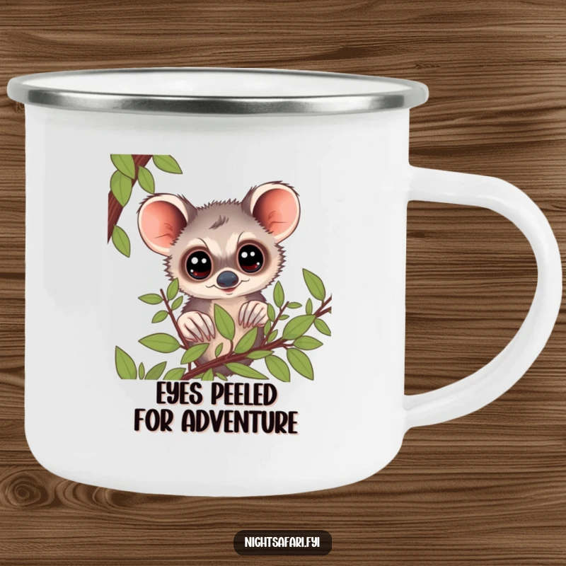 Funny Bushbaby Camping Mug: A curious bushbaby with big eyes peering from foliage, durable for outdoor adventures and humor.