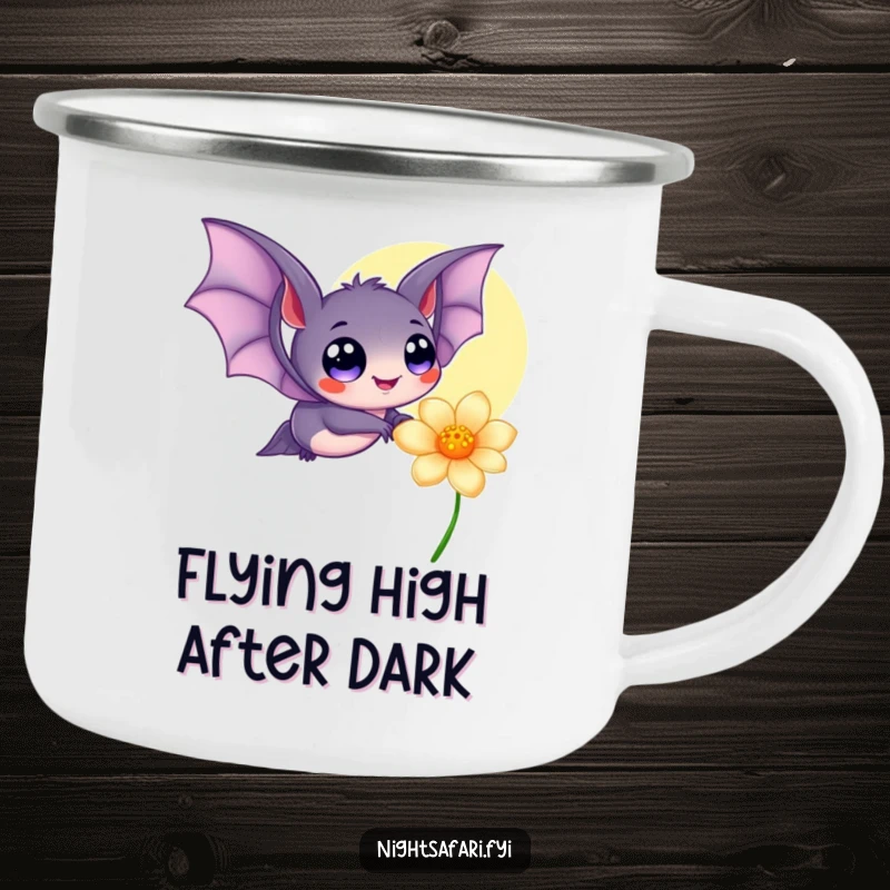 Funny camping mug with a delightful bat, large happy eyes, fluttering near a glowing flower, ready for outdoor escapades.