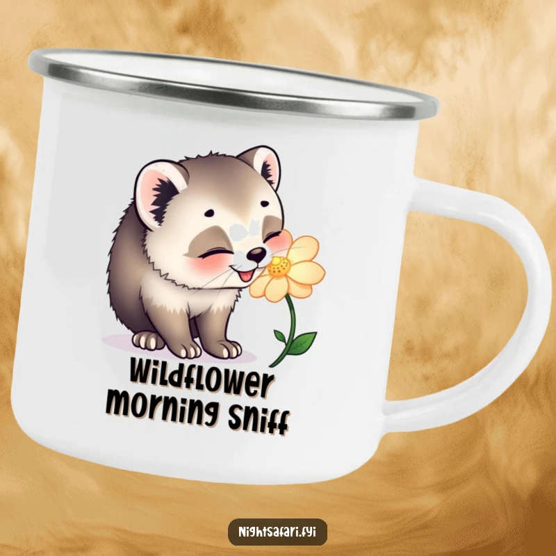 Funny camping mug featuring a happy civet cat joyfully sniffing a glowing flower, perfect for outdoor enjoyment.