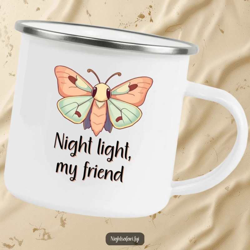 Funny Camping Mug: A moth with large, curious antennae humorously attracted to a gentle light source on a camping trip.