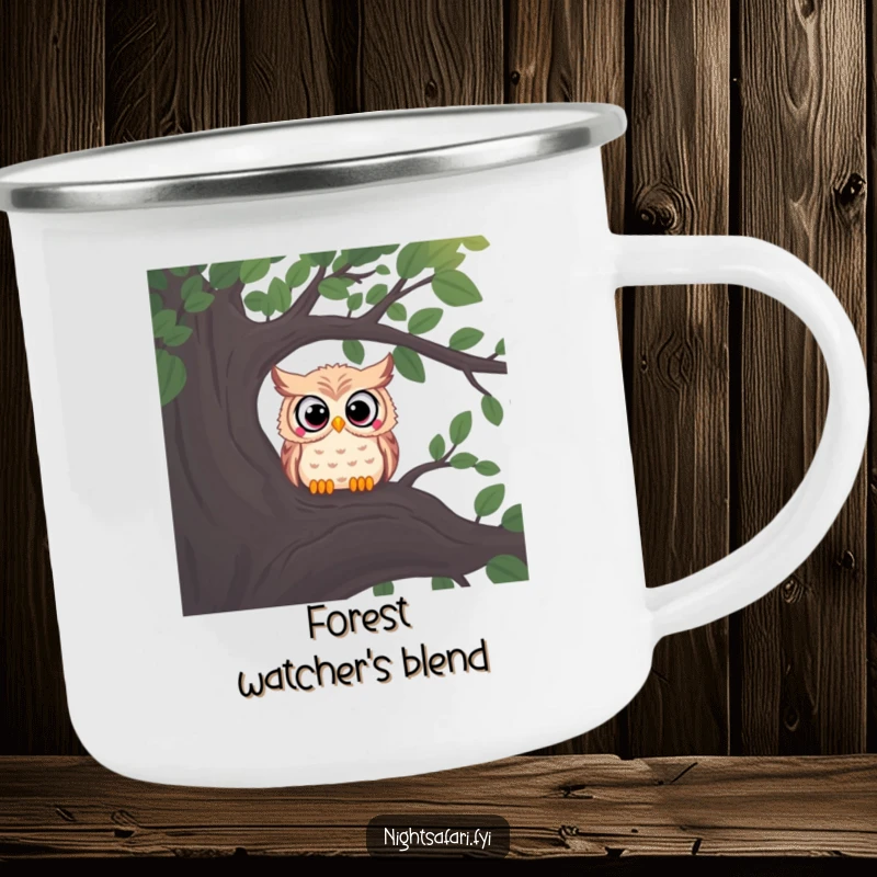 Funny camping mug with a curious owl, wide eyes peering from a shadowy tree branch, for outdoor nights.