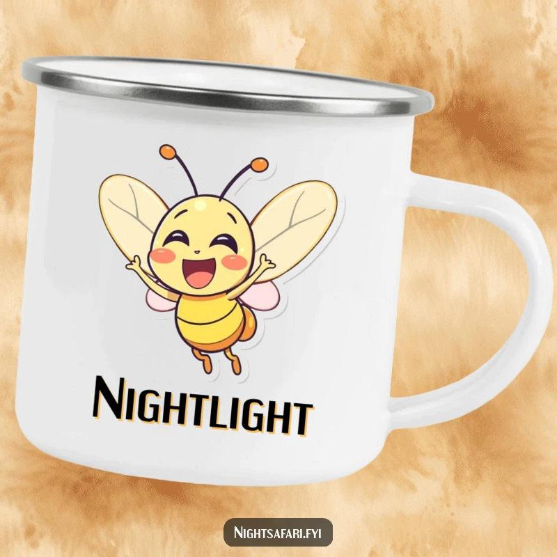 Funny Firefly Camping Mug: An excited firefly character glowing brightly, ready for campfire brews, bringing luminous joy to the outdoors.