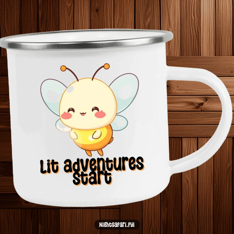 Funny firefly camping mug with a cheerful firefly character emitting a soft, warm glow.