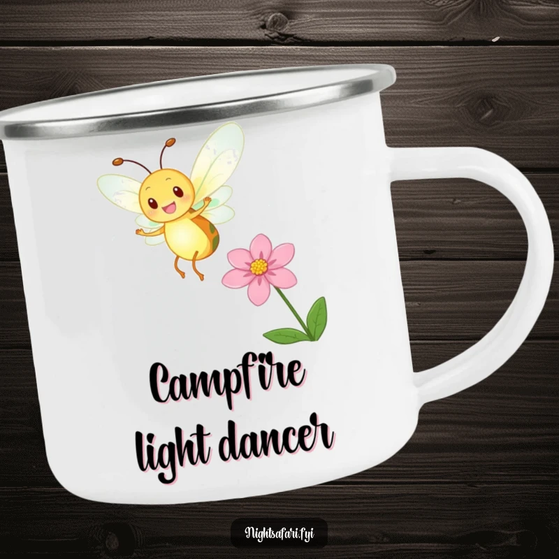 Funny Firefly Glow Camping Mug featuring a delighted firefly with a glowing body dancing, ideal for outdoor enthusiasts.