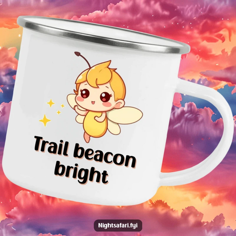 Funny camping mug with a playful firefly character emitting a soft glow, perfect for humorous outdoor enjoyment.
