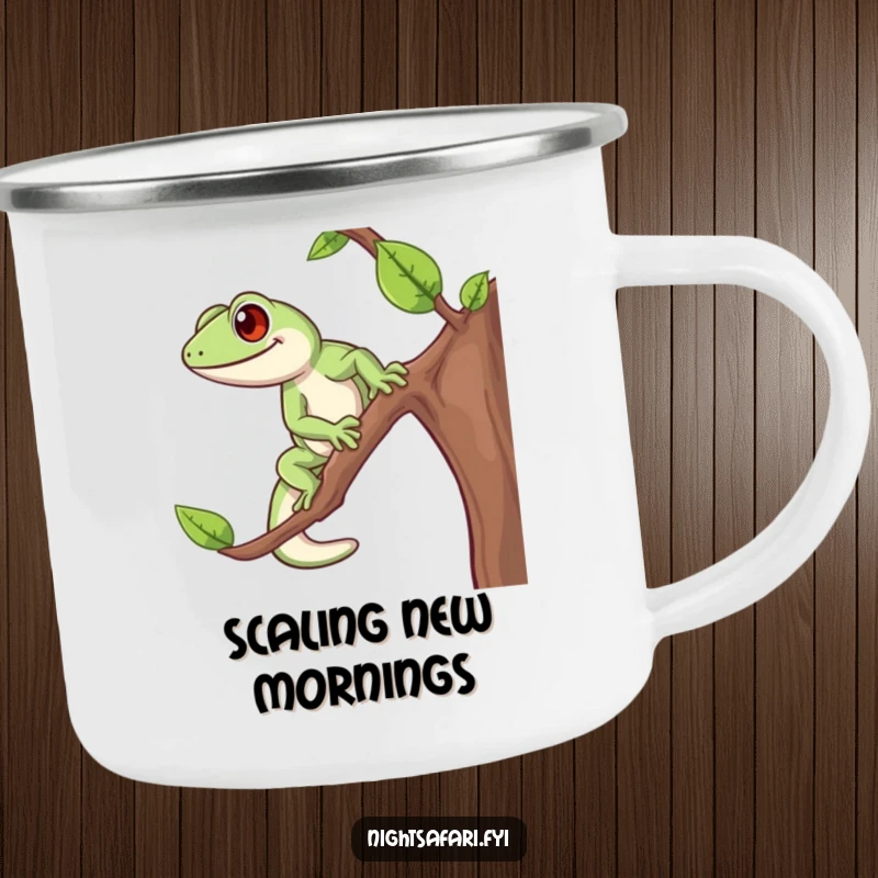 Funny Gecko Camping Mug showcasing an energetic gecko climbing a branch, designed for outdoor enthusiasts seeking cheer.