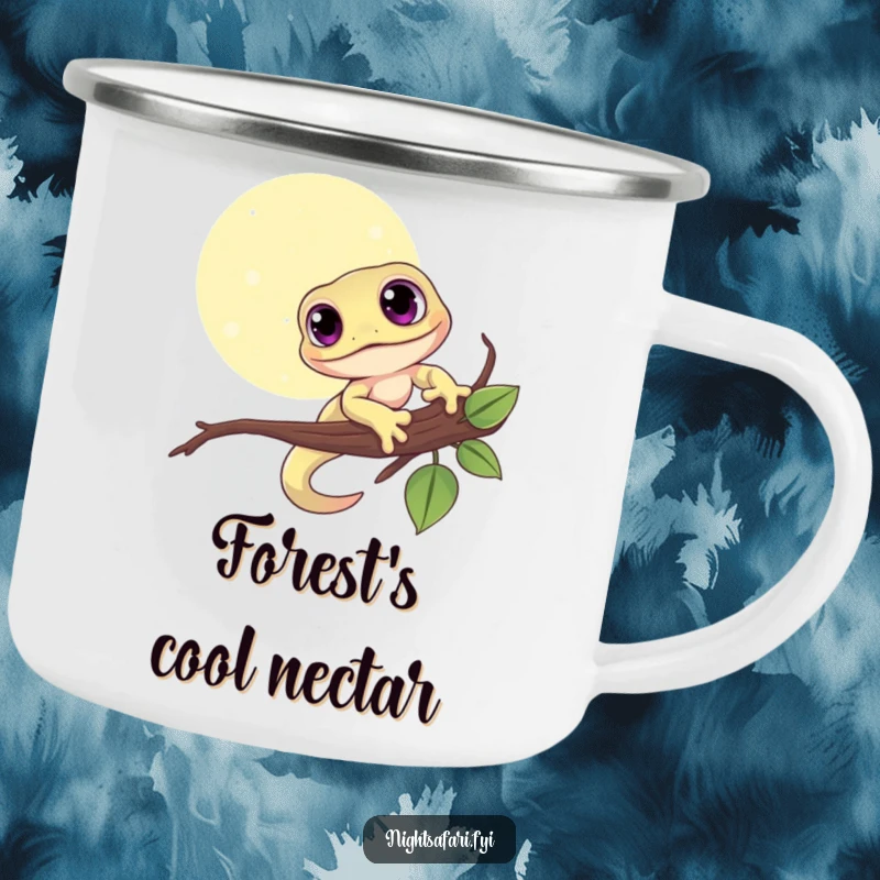 Funny camping mug with a cute gecko and large eyes, clinging to a moonlit branch, ready for the outdoors.