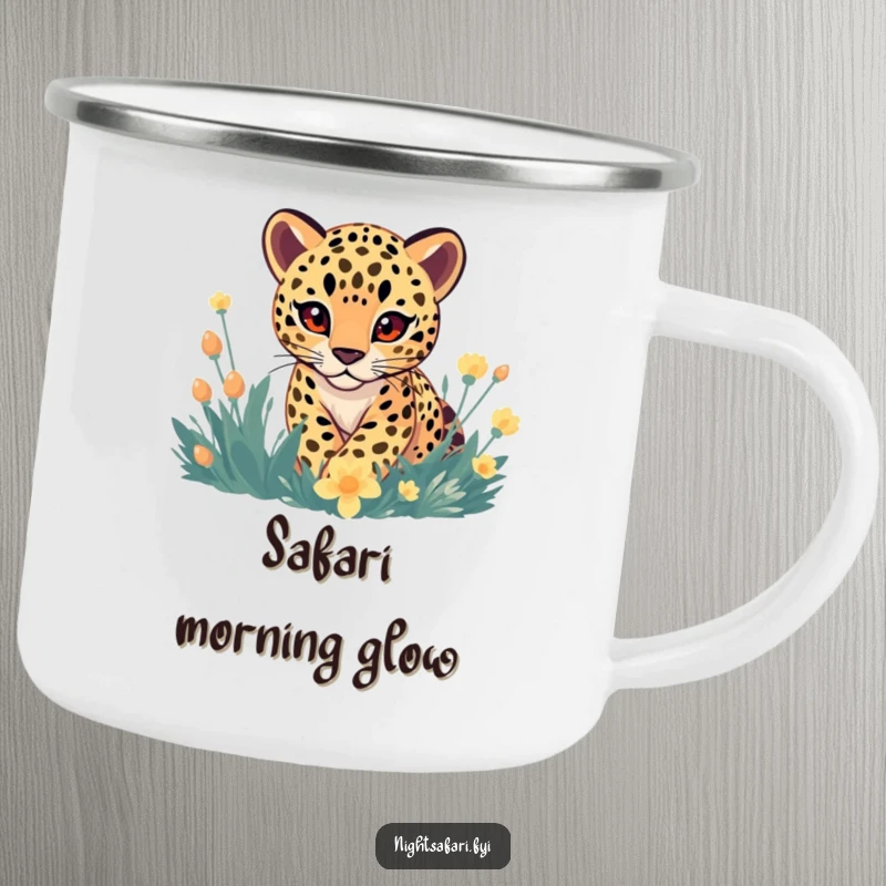 Funny Camping Mug: A gentle-eyed leopard playfully stalking through a magical, glowing flora landscape outdoors.