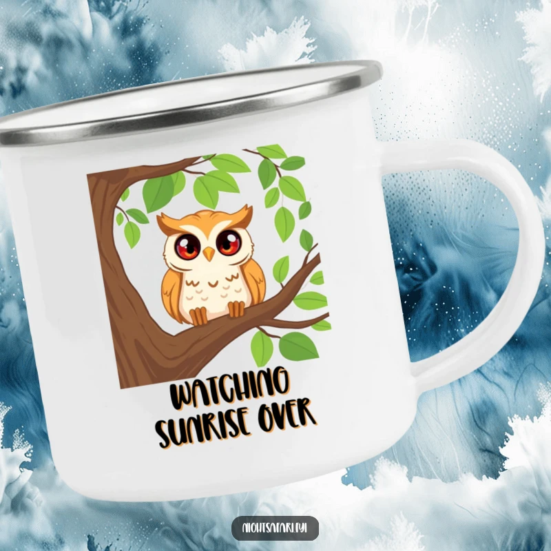 Funny camping mug with a happy owl peering from a tree branch with curious eyes, perfect for outdoor enthusiasts.