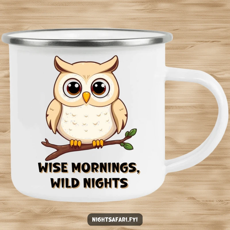 Funny owl camping mug with a wide-eyed owl character perched on a branch, ideal for outdoor adventures.