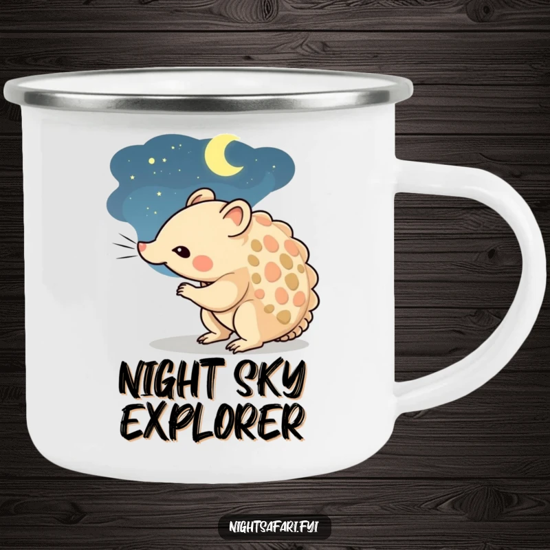 Funny camping mug featuring a curious pangolin character sniffing the night air during outdoor exploration.