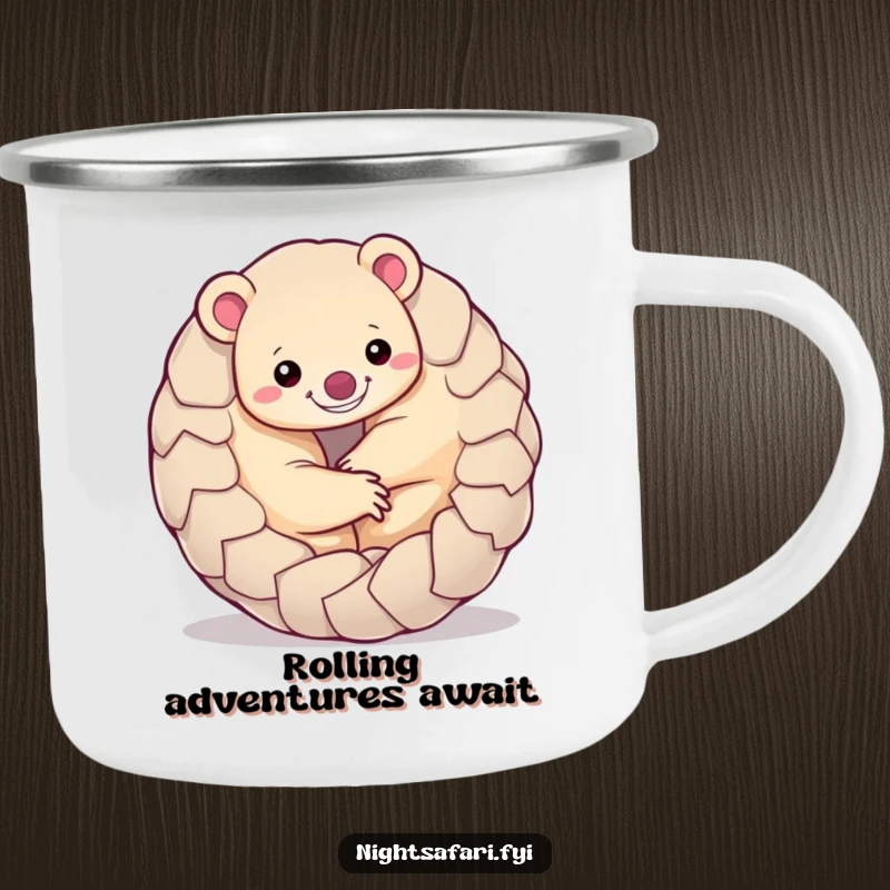 Funny Pangolin Camping Mug showcasing a smiling pangolin curled into a playful ball, perfect for outdoor enthusiasts seeking charm.