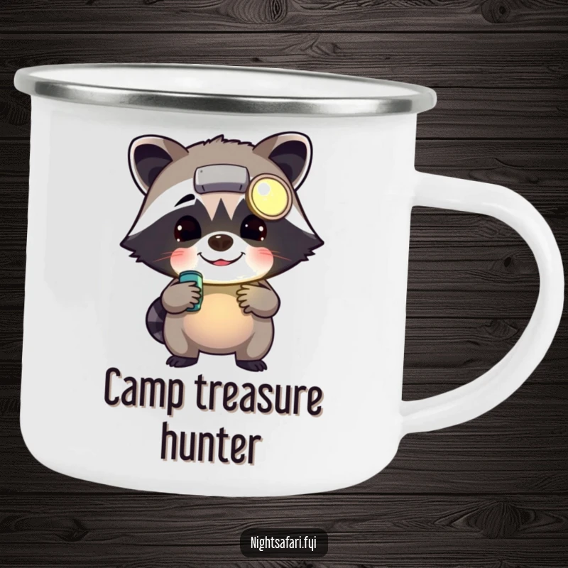 Funny cheerful raccoon wearing a headlamp rummaging, perfect for a durable camping mug for outdoor humor enthusiasts.