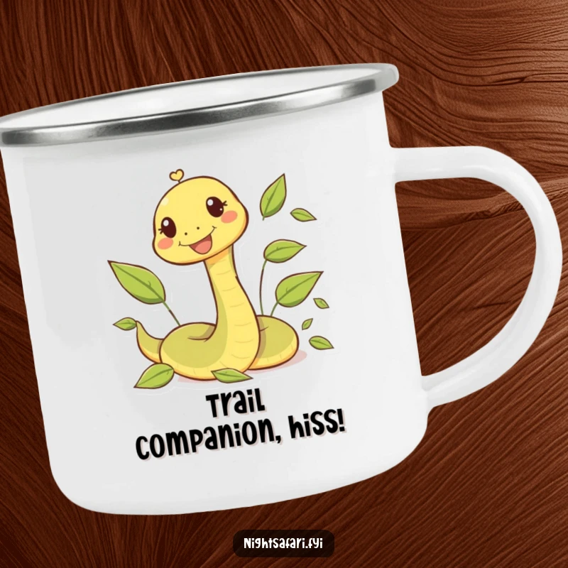 Funny camping mug featuring a happy snake character playfully winding through leaves in an outdoor setting.