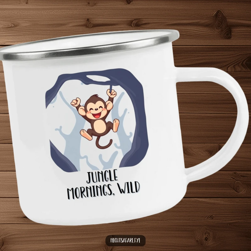 Funny monkey camping mug with a jubilant monkey character swinging playfully through the wilderness.