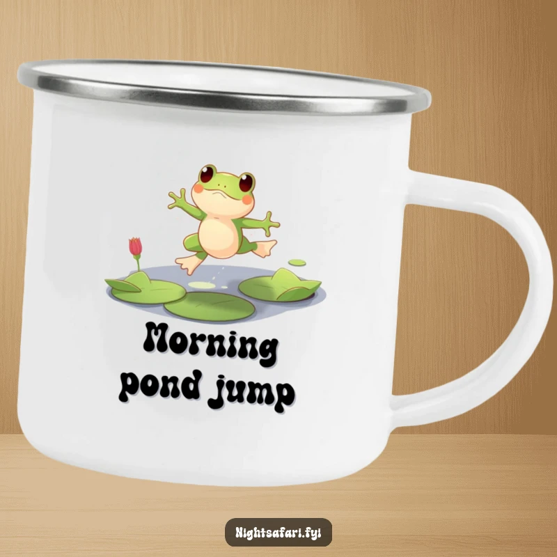 Funny camping mug featuring a playful frog character leaping across lily pads in dim light, ready for the outdoors.