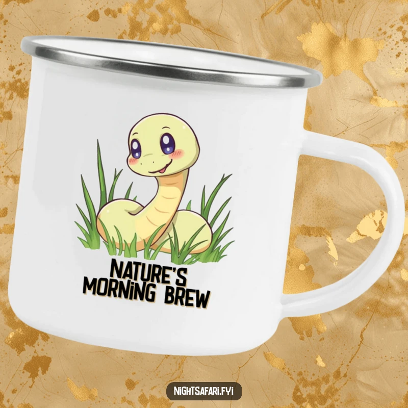 Funny camping mug featuring a smiling snake with luminous glowing eyes, ready for outdoor escapades.