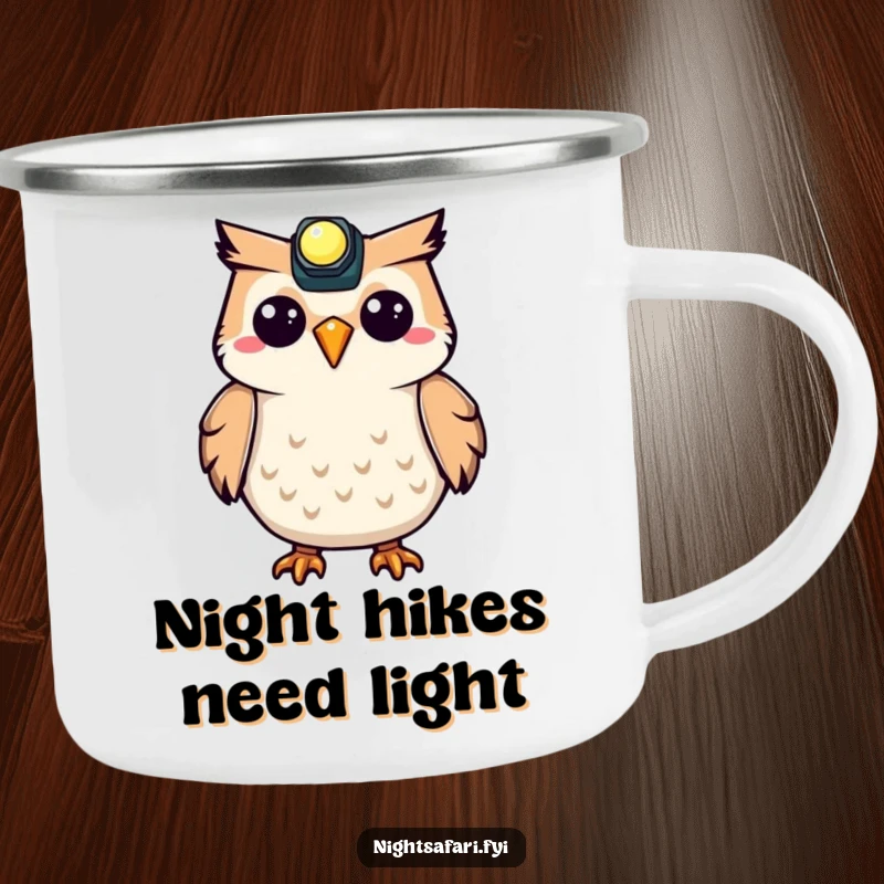 Funny Owl Headlamp Camping Mug featuring a happy, hooting owl with a glowing headlamp, perfect for outdoor enthusiasts.