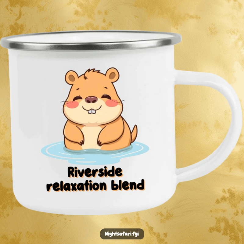 Funny camping mug featuring a cheerful capybara character relaxing by water, perfect for outdoor chill.