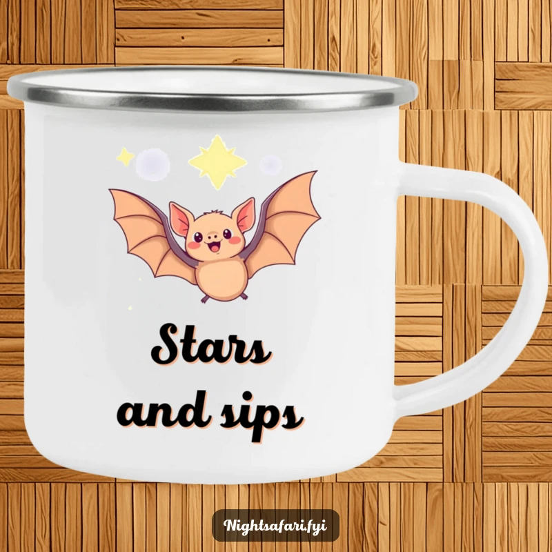 Funny Fruit Bat Camping Mug showing a delighted fruit bat flying under a starry sky, designed for outdoor magic seekers.